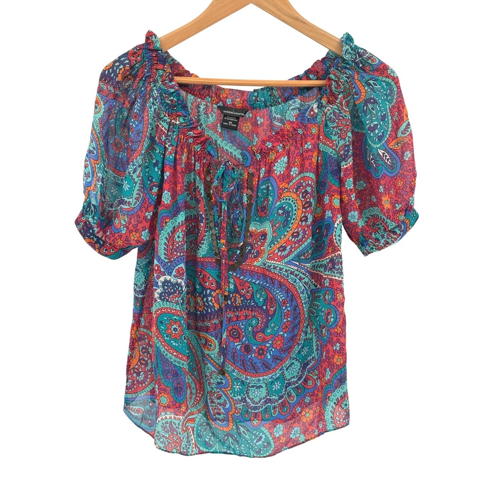 Moda International Top Blouse Silk Women Size XS Floral Blue Red Puff‎ Sleeve